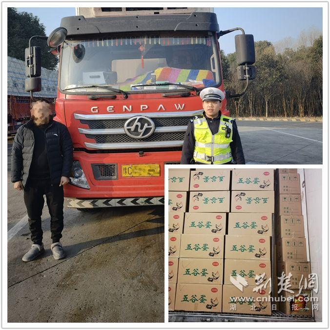 2024月2月,總隊三支隊京山大隊民警查獲一輛偽裝成雞蛋運輸?shù)臒熁ū褴?jpg.jpg